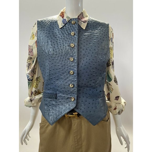 Hermes Womens Vest Blue Buttons Pockets Ostrich Leather Vintage 8 EUR 38 - Picture 8 of 12